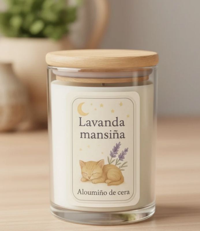 Vela Lavanda mansiña en vaso de cristal con tapa de madera